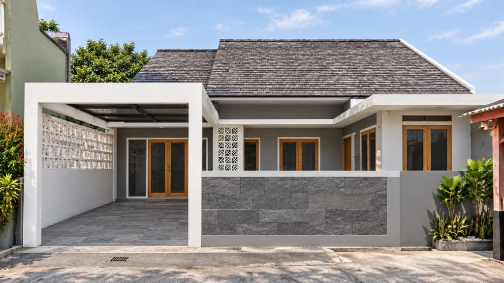 Fasad depan rumah tinggal modern tropis di Cisaranten Bandung dengan portal carport putih, dinding batu alam arang, atap pelana shingle, dan aksen roster